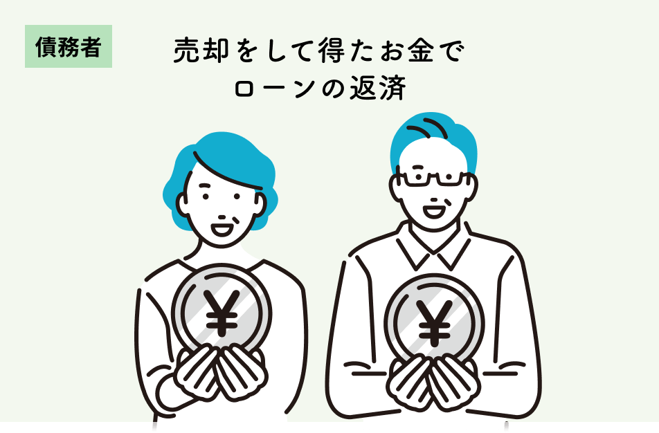 売却をして得たお金でローンを返済する債権者のイラスト